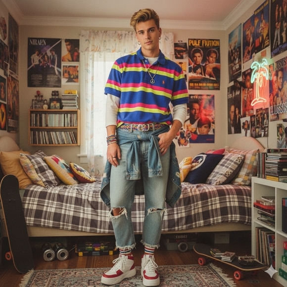 Polo Ralph Lauren M Vintage 90s Retro Stripe Preppy Eclectic Dadcore Polo - Picture 13 of 13